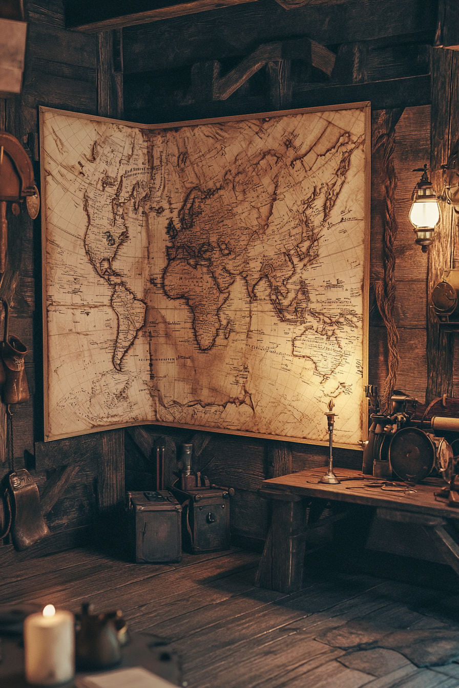 Mountain community space. Detailed map room with antique explorer equipments.