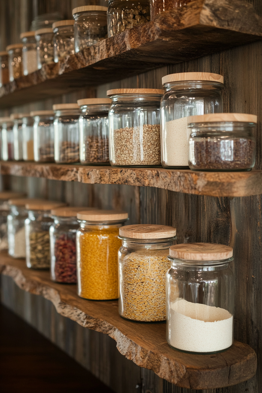 Community cooking space. Glass jar bulk storage with labeled wooden lids.