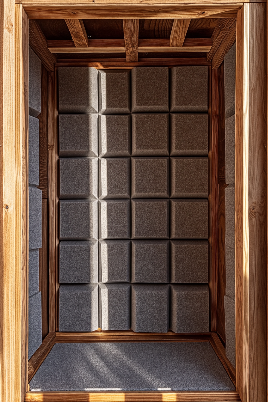 Mobile recording space. Wooden sound booth with gray soundproofing foam.