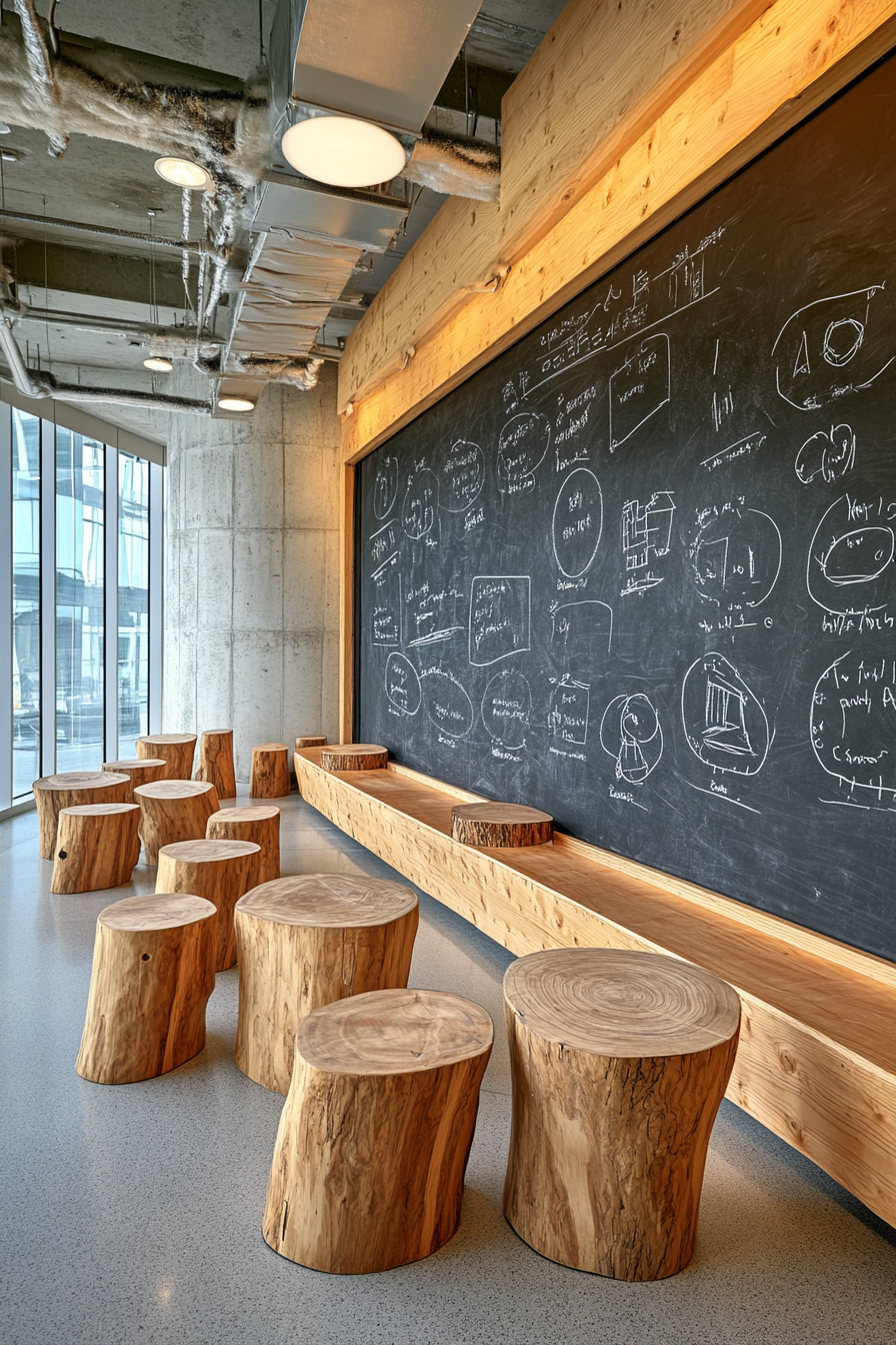 Community Learning Space. Chalkboard wall in teaching zone with wooden seating arrangement.