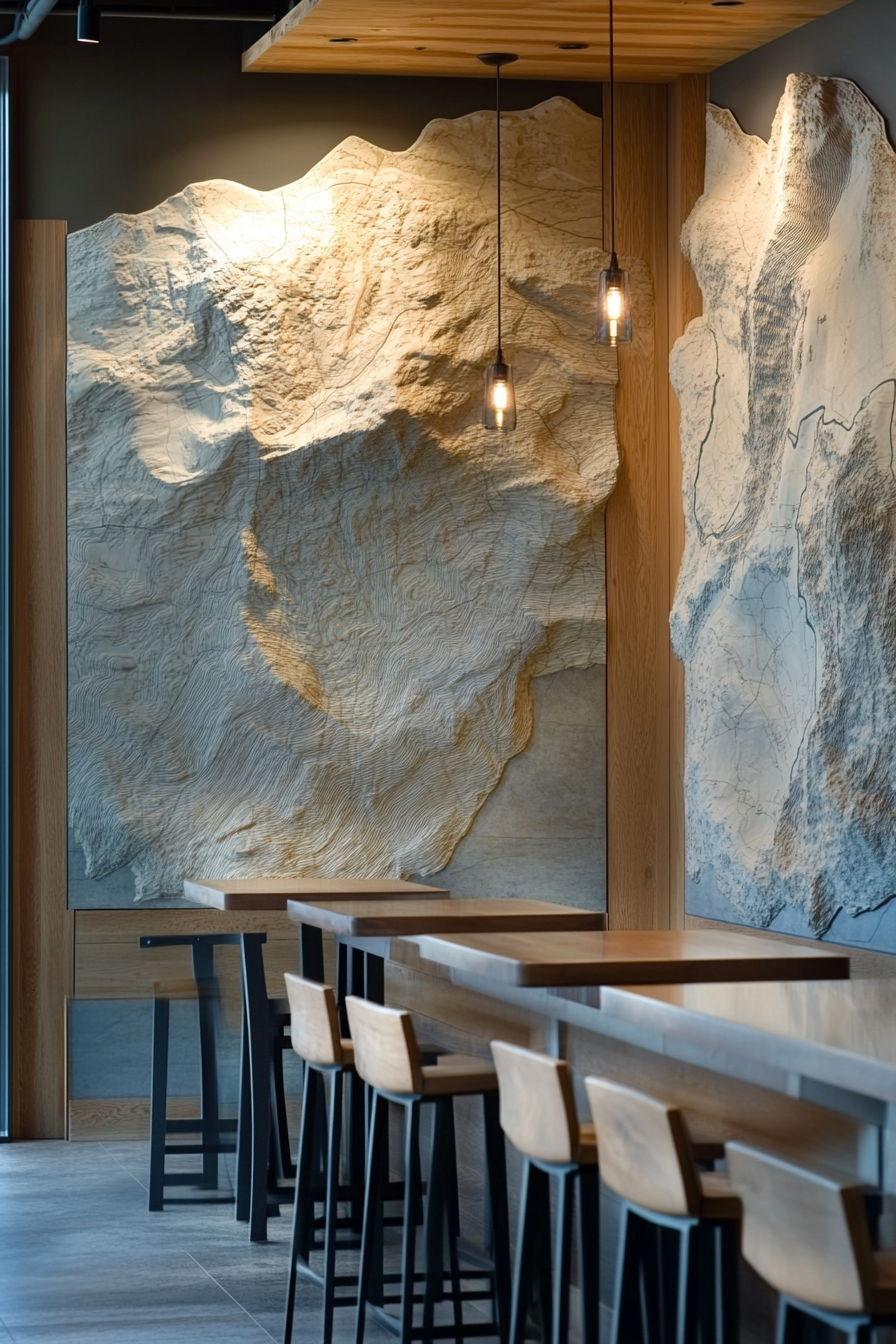 Mountain community space. Detailed topographic wall maps in the map room.