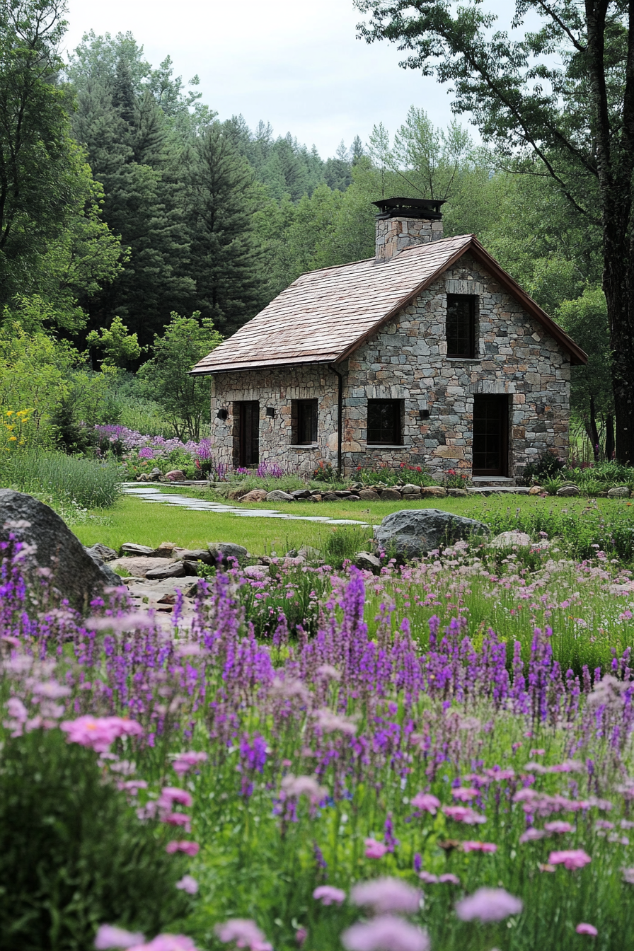 Mountain Wellness Space. Stone meditation cottage nestled in wildflower meadow.
