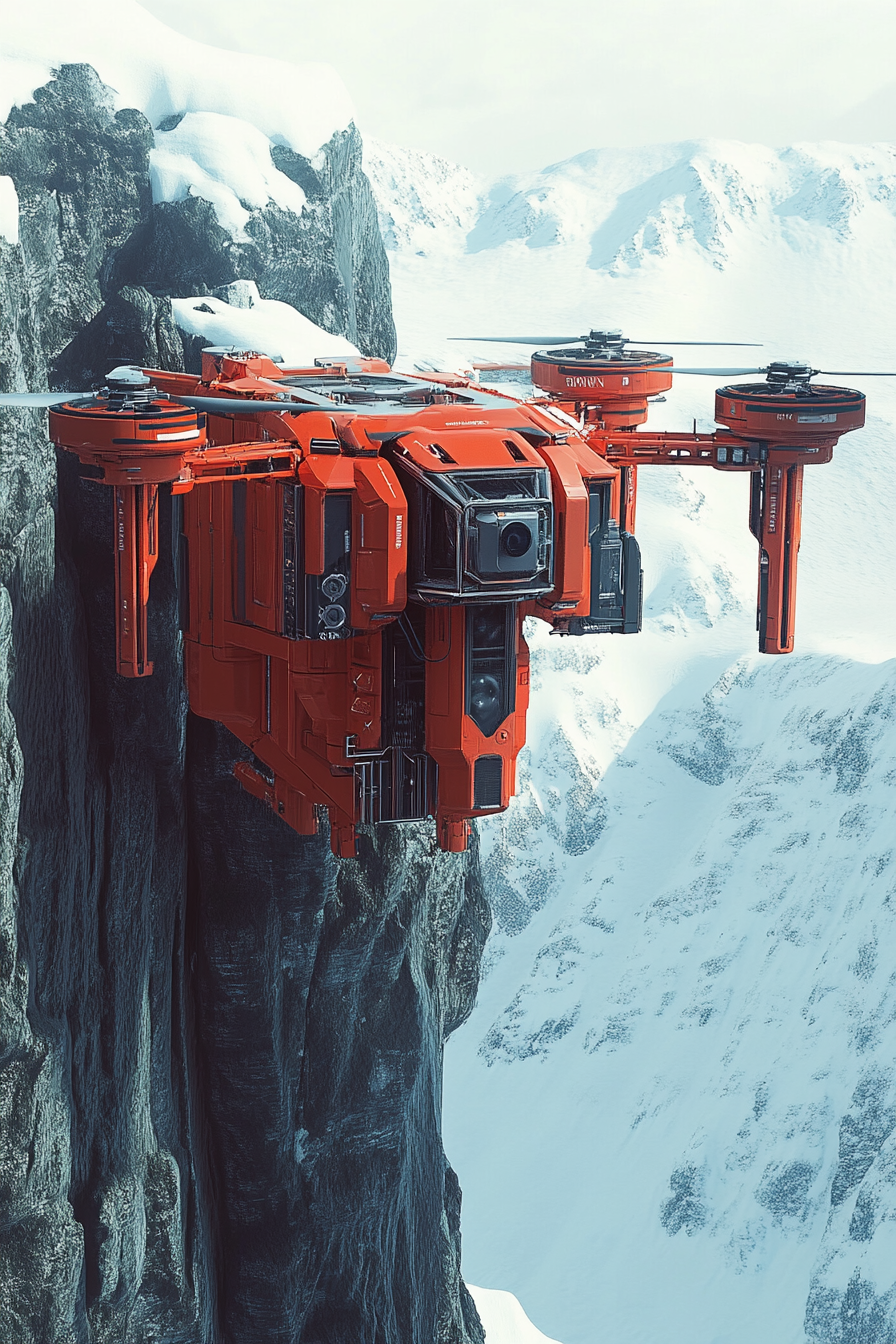 Alpine mobile space. Red drone station against rugged icy cliff background.