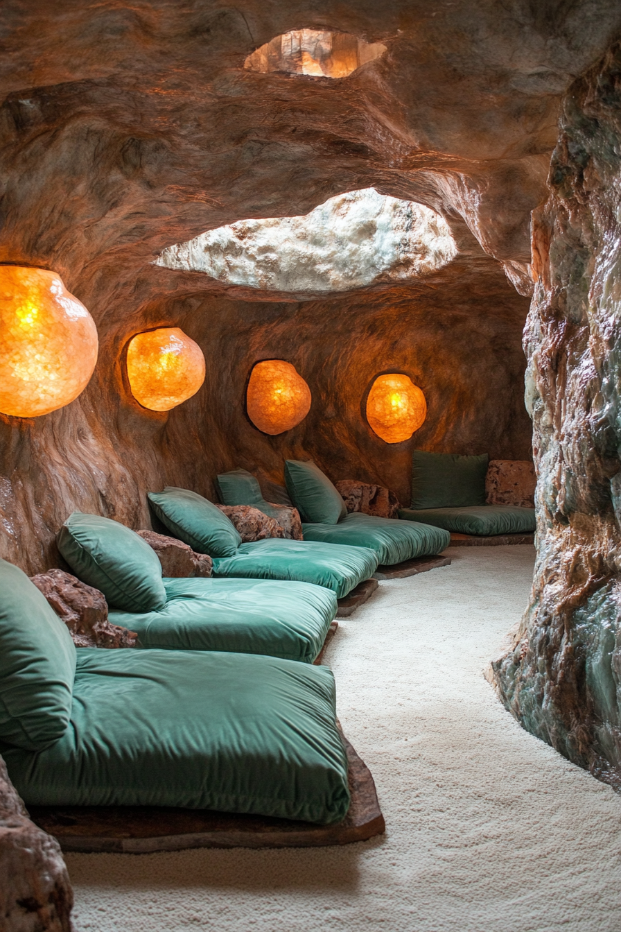 Mountain Wellness Space. Waterfall-facing meditation cave with jade-green cushions and Himalayan salt lamps.