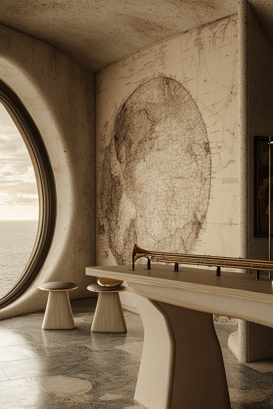 Coastal Analysis Space. Beige maps, brass instruments, oval-shaped viewing deck.