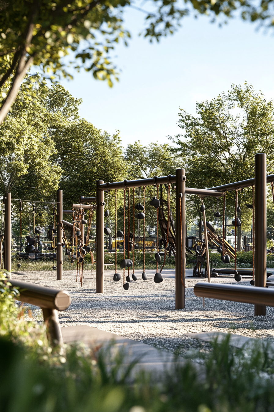 Fitness community space. Outdoor gym with rope climbing equipment.