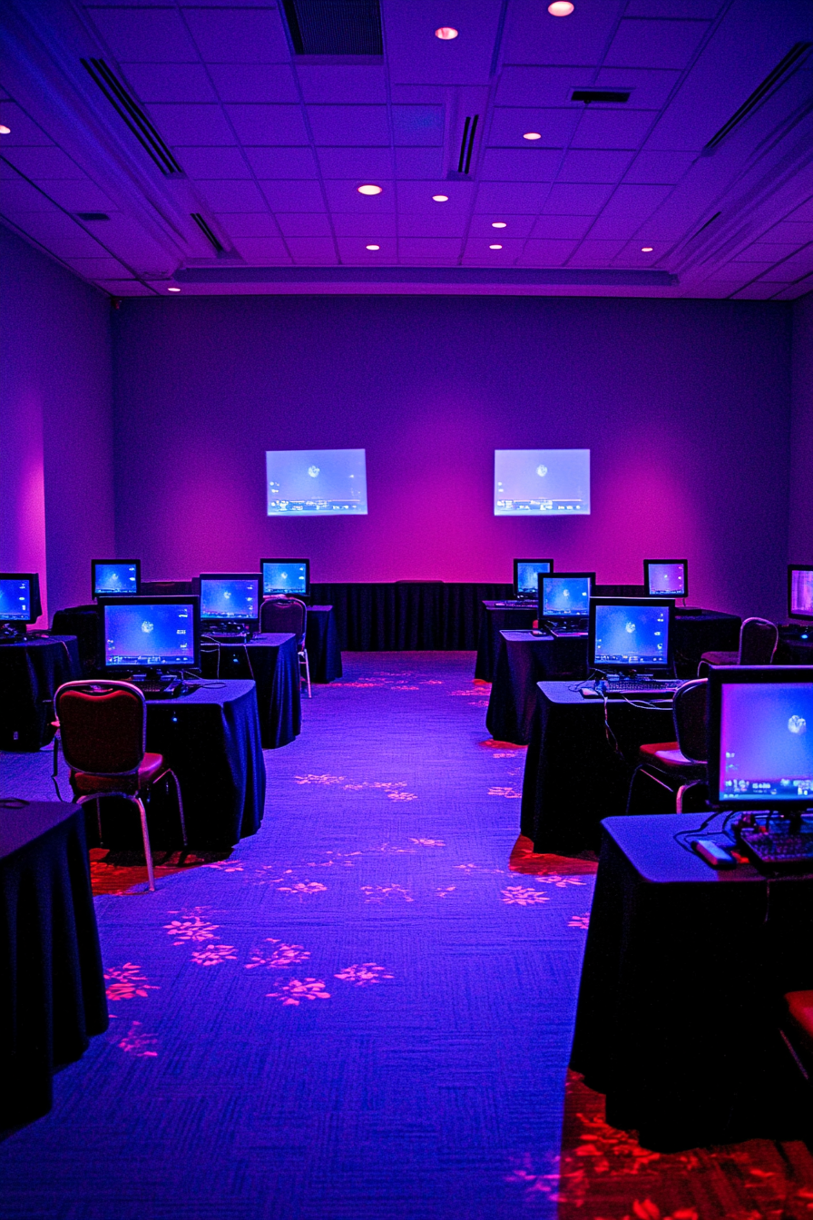 Social gaming space. Tournament setup with individual LCD displays, dimmed lights, and cushioned chairs.