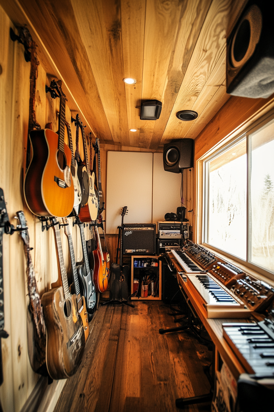 Mobile studio space. Wall-mounted guitar racks, sound-insulated booth, portable beach stage.