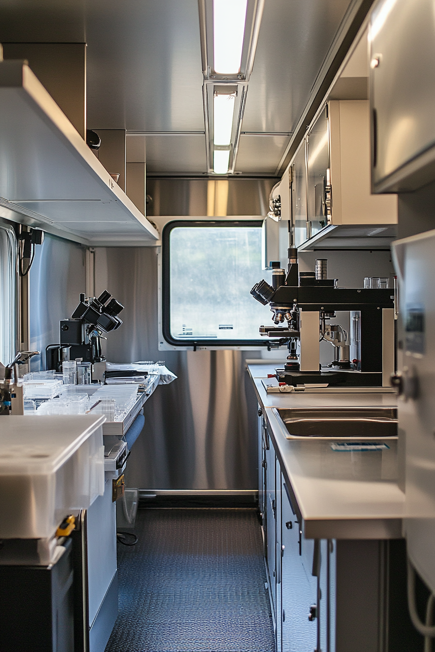 Research Mobile Space. Field lab equipped with advanced microscopes and stainless steel containers.