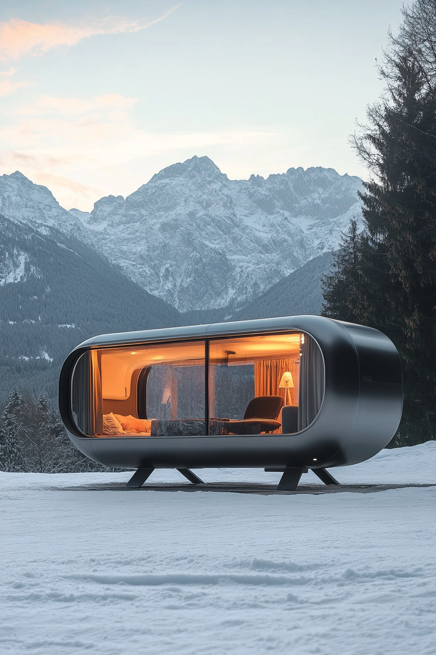 Alpine mobile space. Sleek steel drone port with panoramic Alpine views.