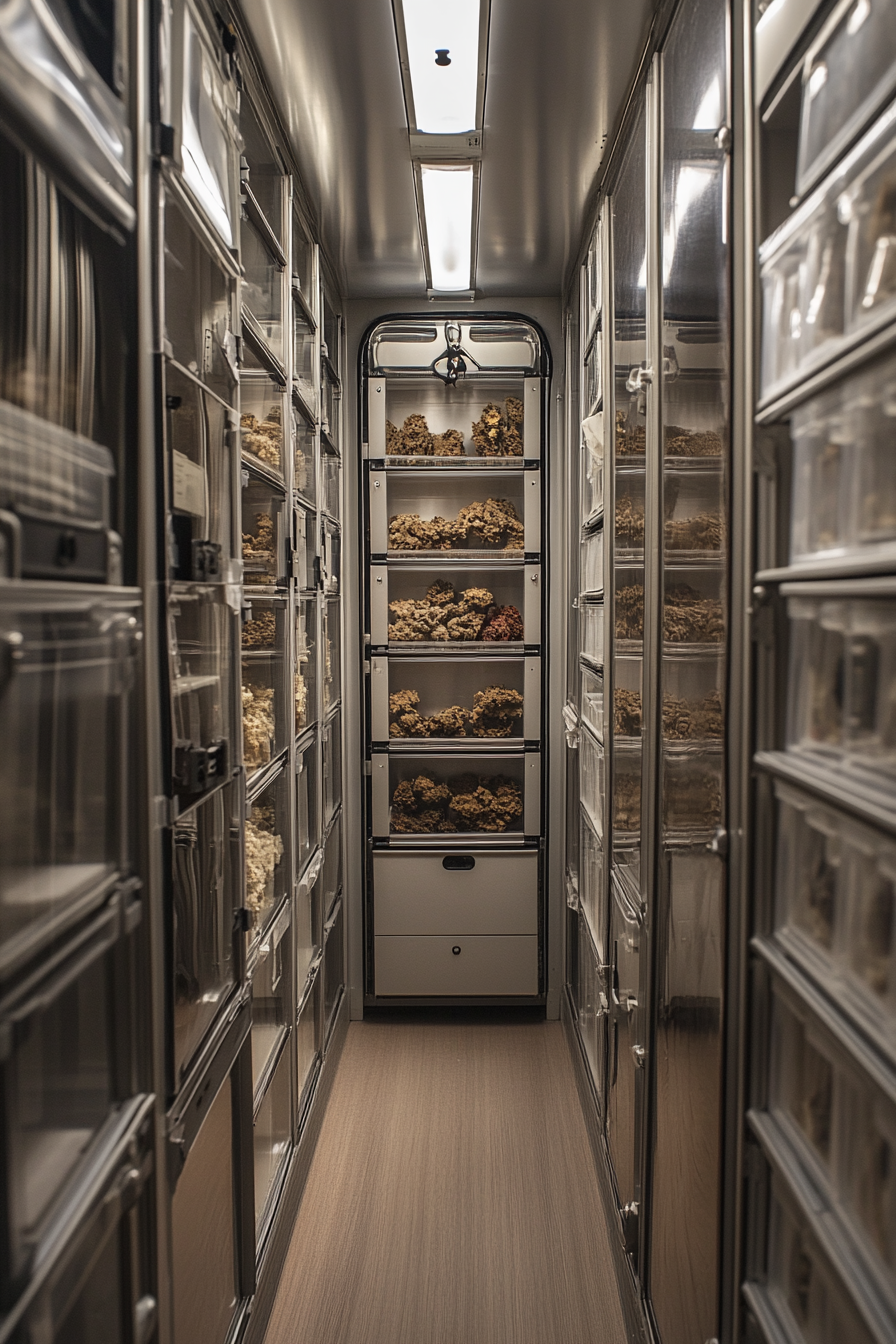 Mobile Research Space. One wall completely lined with compartmental storage for specimens.