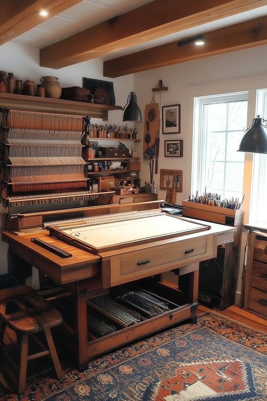 Creative Craft Space. Wooden loom storage under a large drafting table.