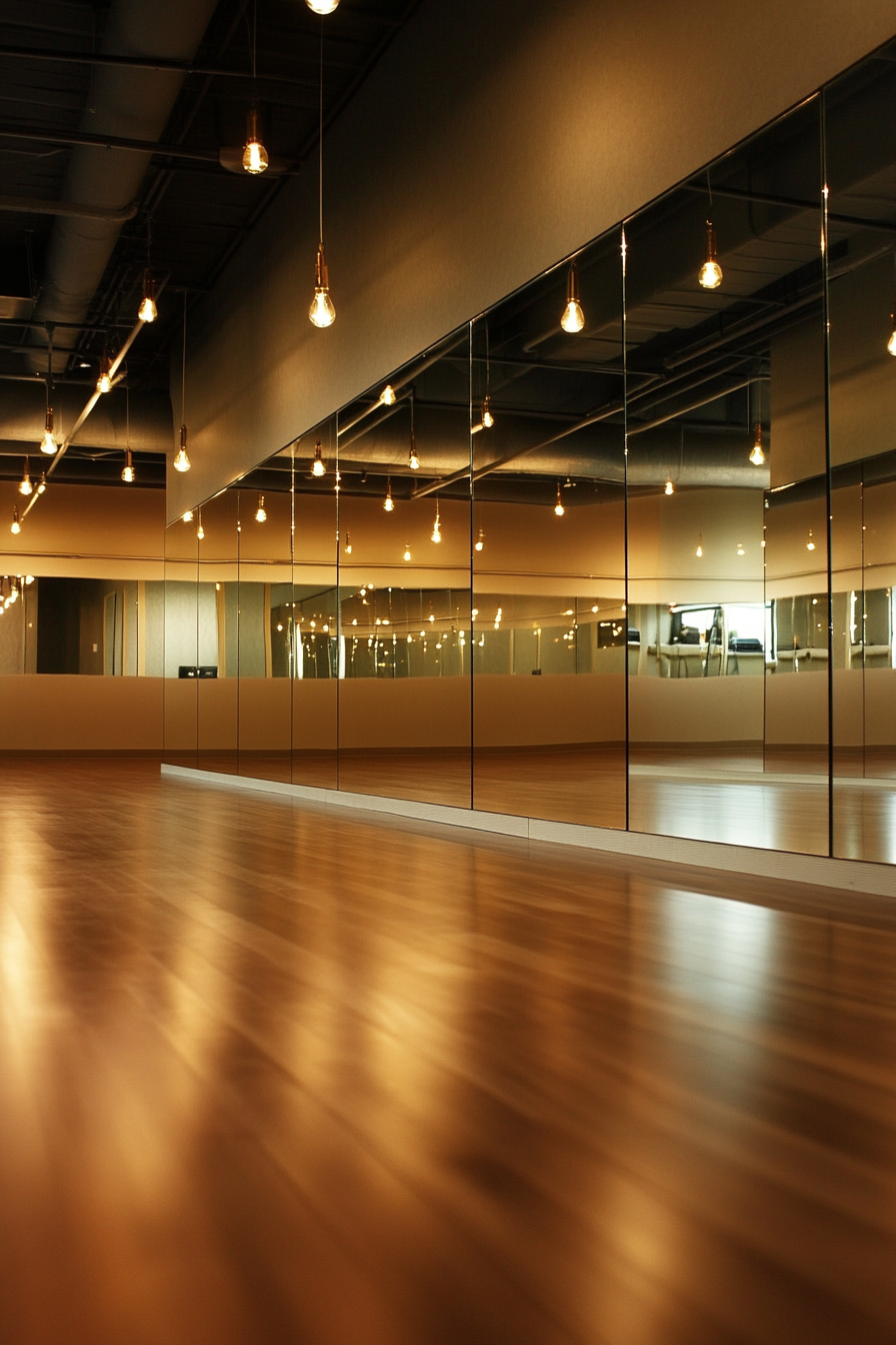 Movement practice space. Wall of mirrors, sprung floor, high-end sound system.