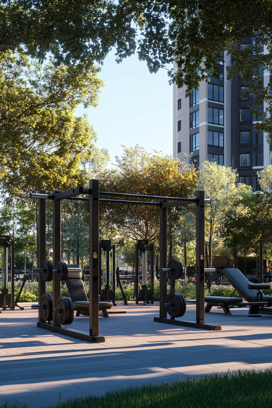 Fitness Community Space. Outdoor gym with high-tech weightlifting equipment.