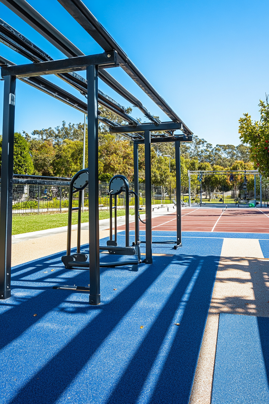 Fitness community space. Outdoor calisthenic equipment under a shaded running track.