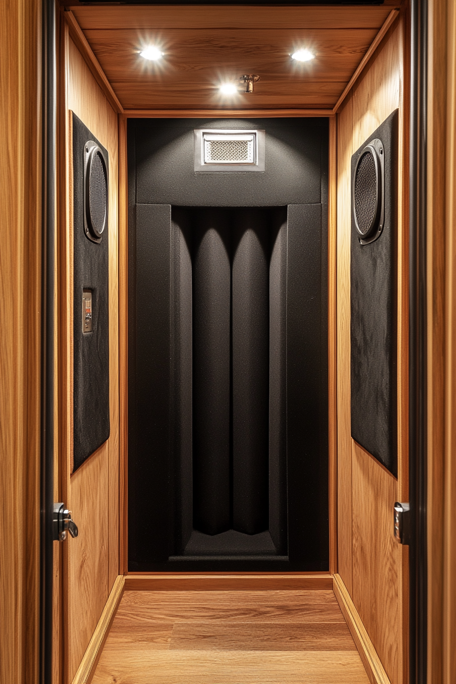 Mobile recording space. Sound absorbing, black velvet-walled sound booth.