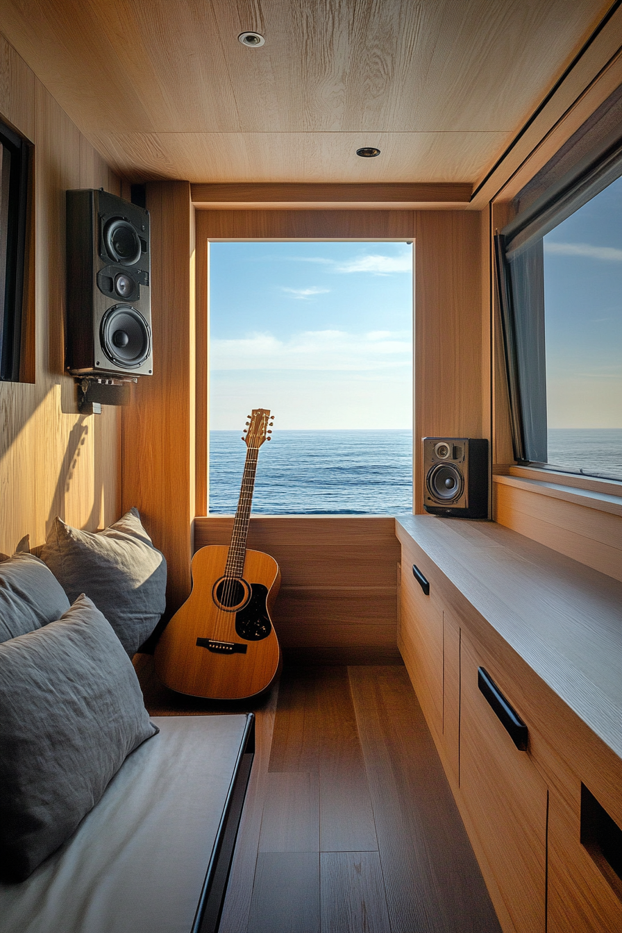 Mobile studio space. Telescope-like storage for guitars, adjacent minimalist oak recording booth facing the ocean.