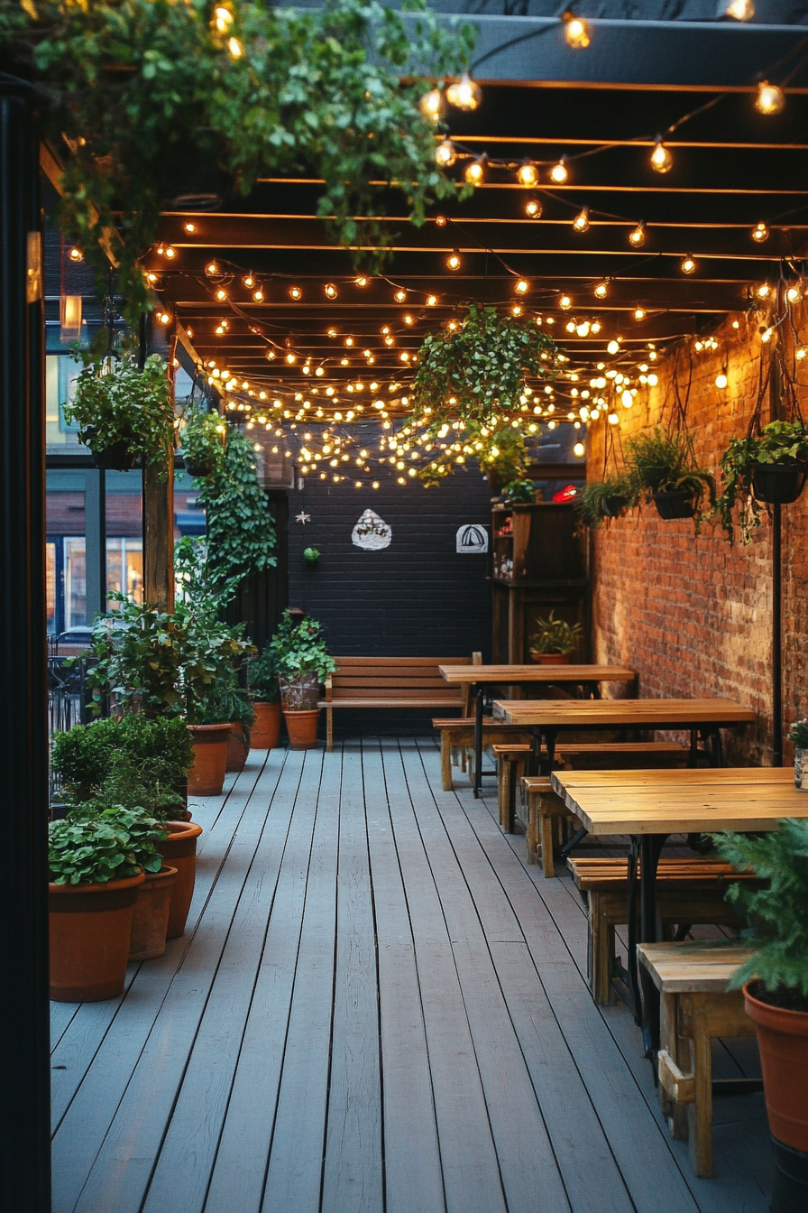 Creative community space. Inspiration deck with draped fairy lights and hanging plant pots.