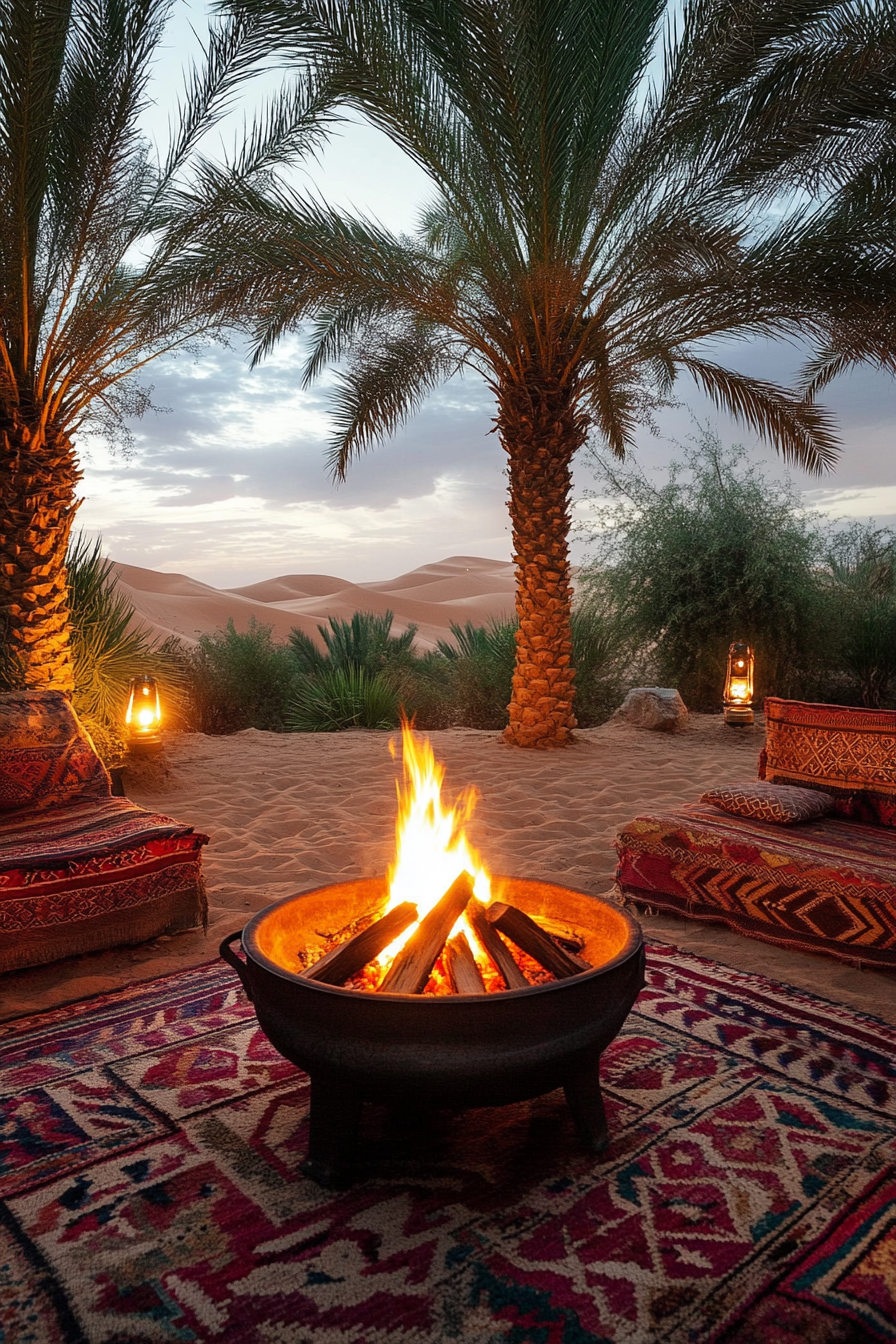 Palm Grove Space. Traditional fire pit amid patterned rugs, desert spring, backlighting dunes.