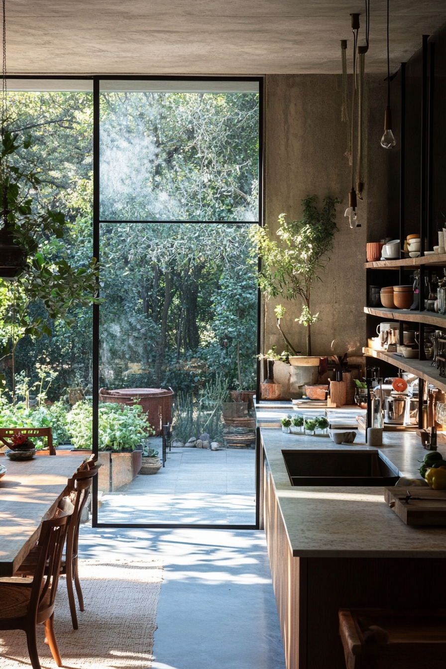 Living Space. Open floor kitchen with a vegetable garden view.