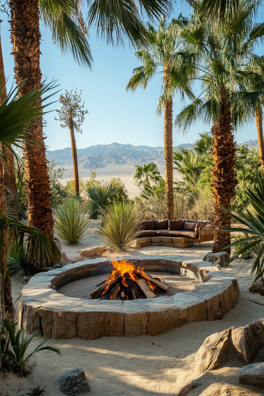 Palm Grove Space. Central fire pit, adjacent desert spring, clear sandy dune vista.