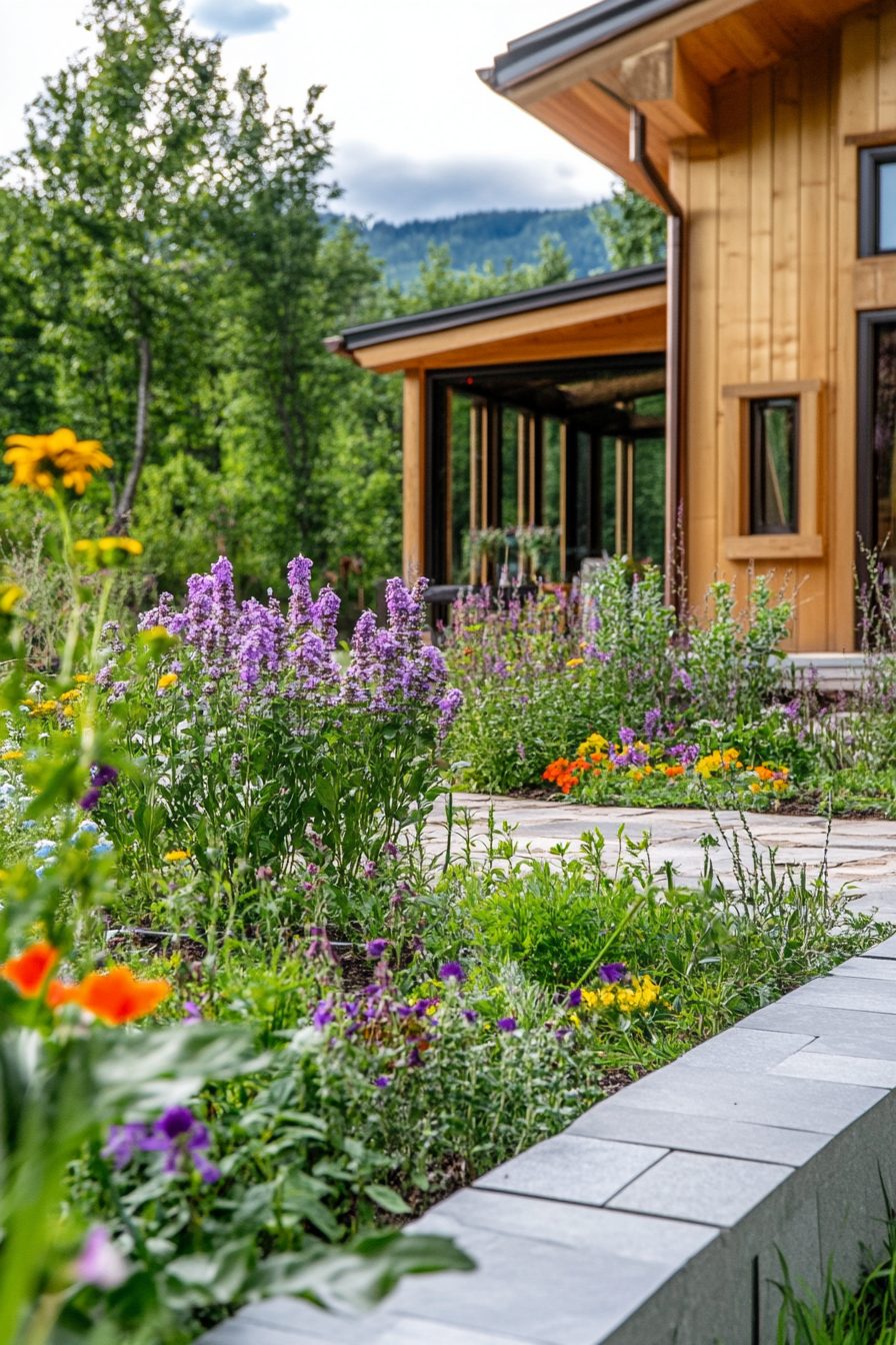 Mountain wellness space. Outdoor healing garden with colorful medicinal herbs.