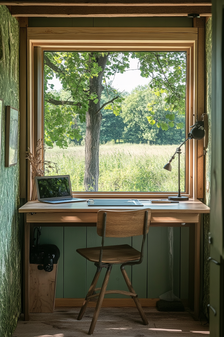 Nature Observation Space. Sturdy oak desk for editing, bordering a green camouflaged wildlife blind.