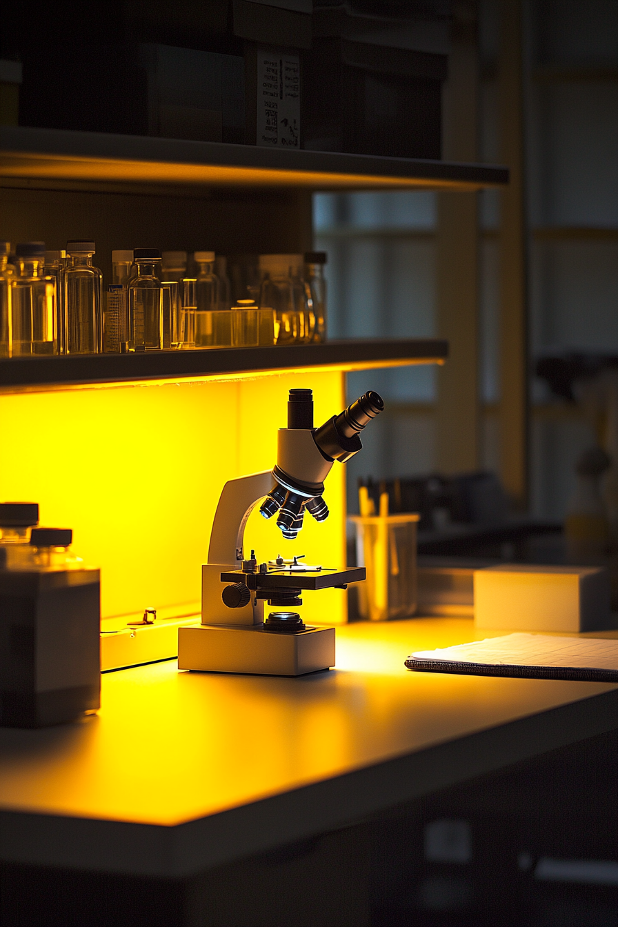 Mobile research space. Photorealistic, pen microscope under yellow lit desk.
