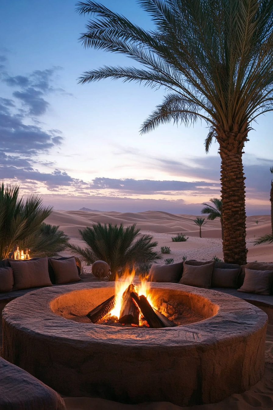 Palm Grove Space. Traditional fire pit near a desert spring with dune views.