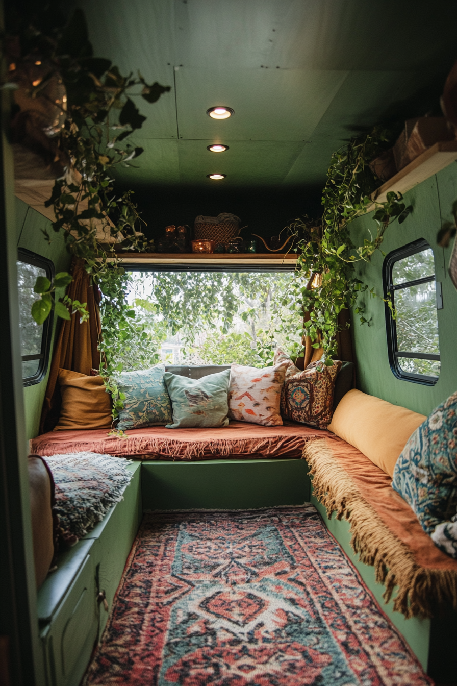 Therapy van space. Consultation table surrounded by soundproof eucalyptus-green walls and large floor cushions.