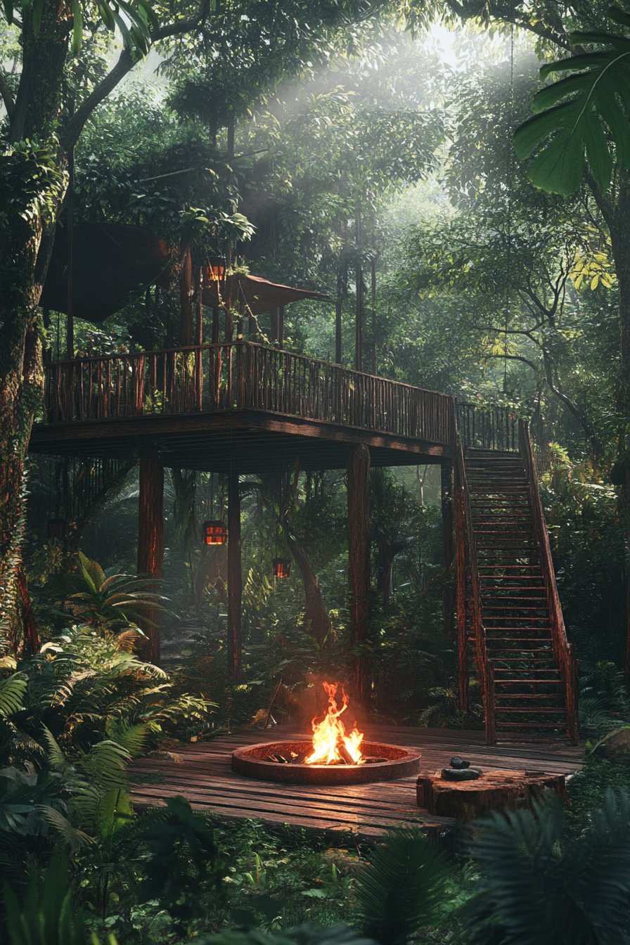 Jungle clearing. Elevated platform with wooden railings, central fire pit, deer sighting.