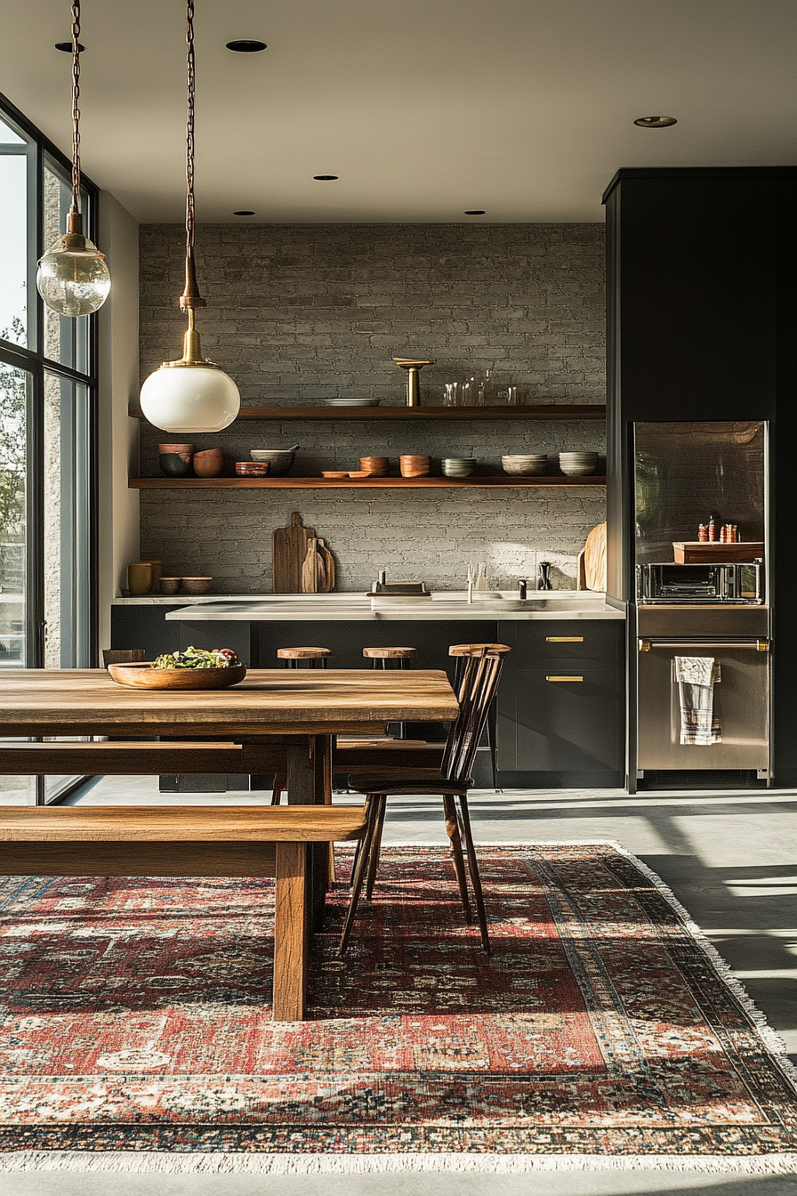 Social cooking space. Brass-finished prep stations, teak dining table, built-in story corner.