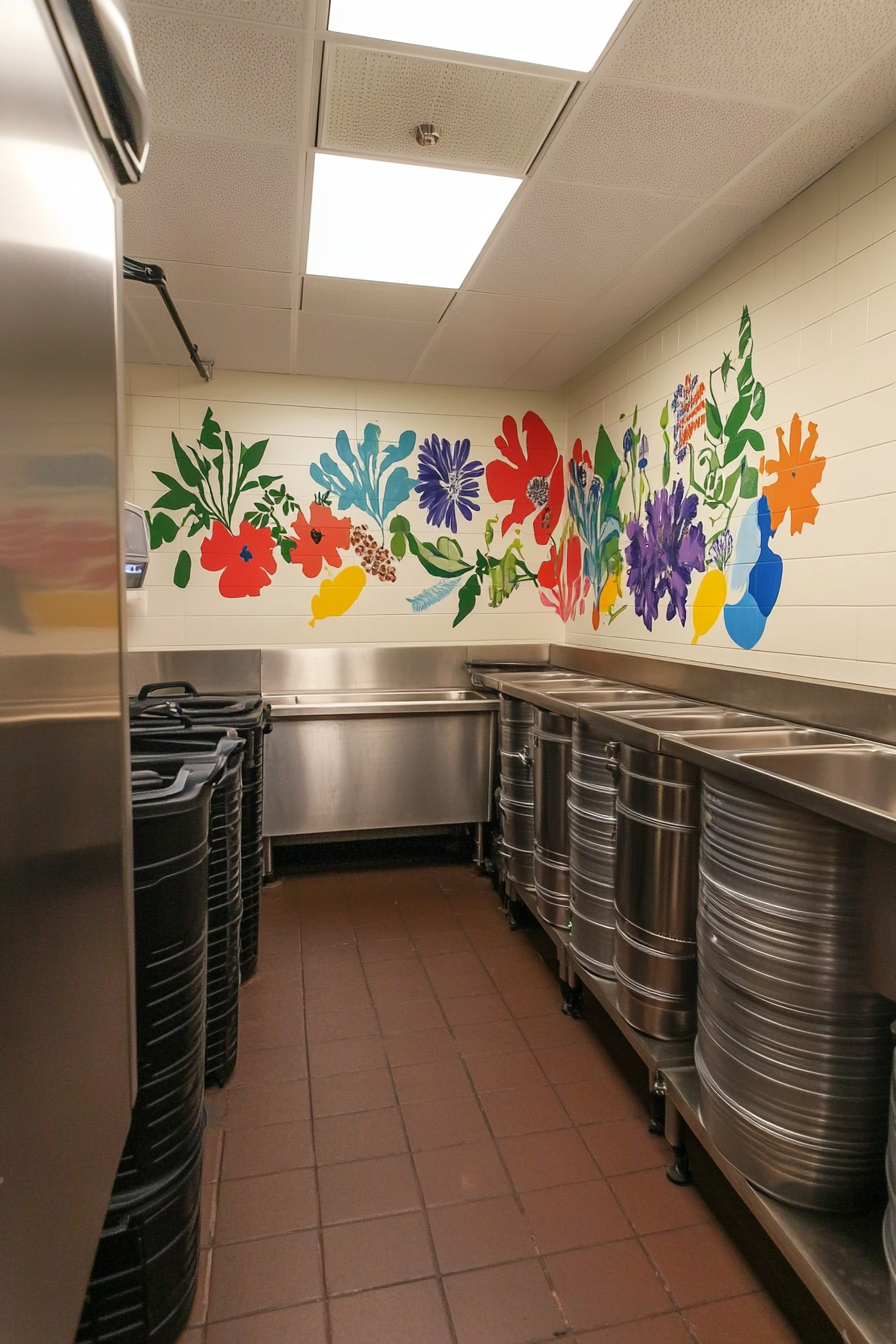 Community Cooking Space. Stainless steel bulk bins, mural adorned herb wall, large compost totes.