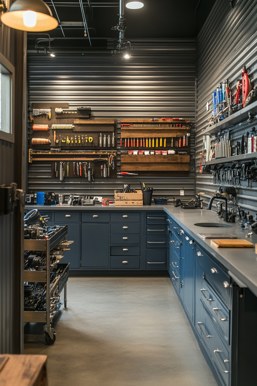 Technical Support Space. Grey tool walls, blue wash station, metal parts inventory shelves.