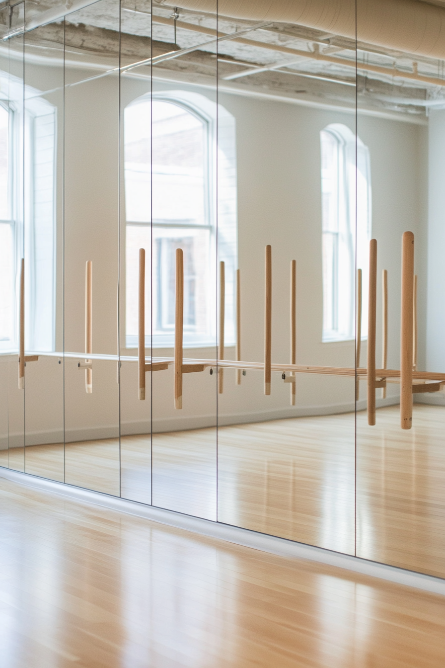 Movement Practice Space. Mirror wall reflecting ballet barres.