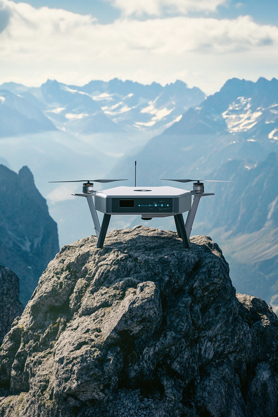 Alpine mobile space. Compact drone station with panoramic mountain view.