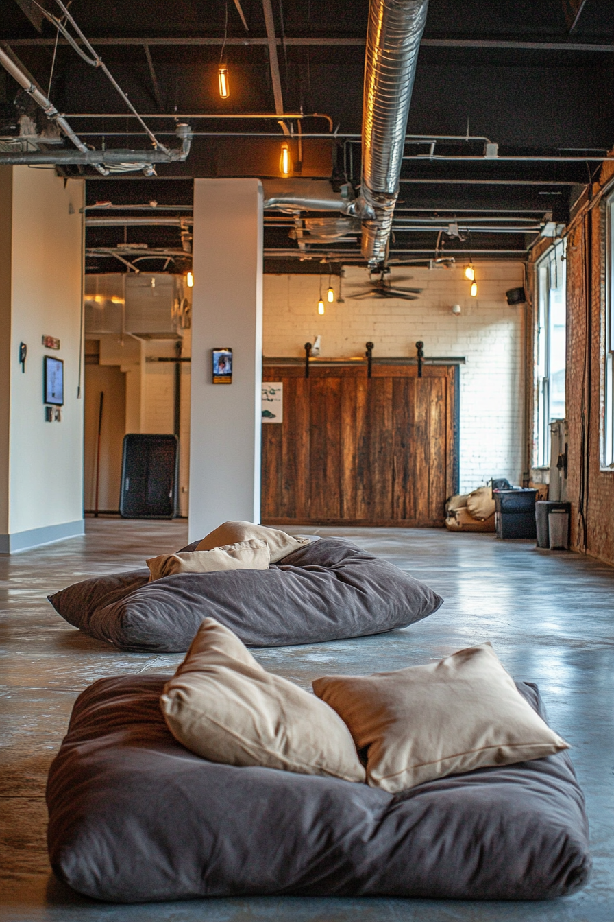 Event support space. Industrial vibe, chill zone filled with bean bags, wall-mounted charging stations.