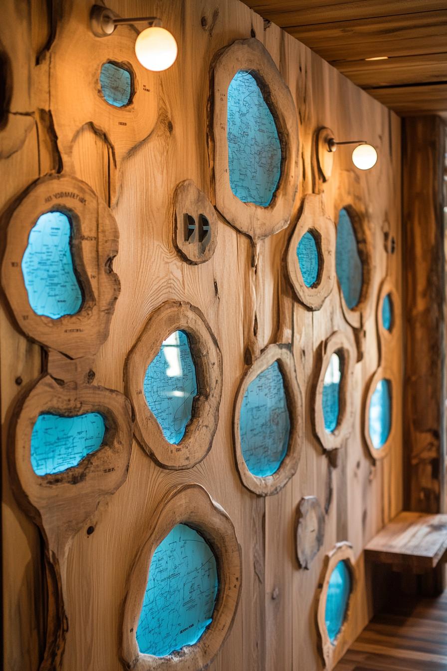 Mountain community space. Rustic oak map room dotted with blue geographic markers.