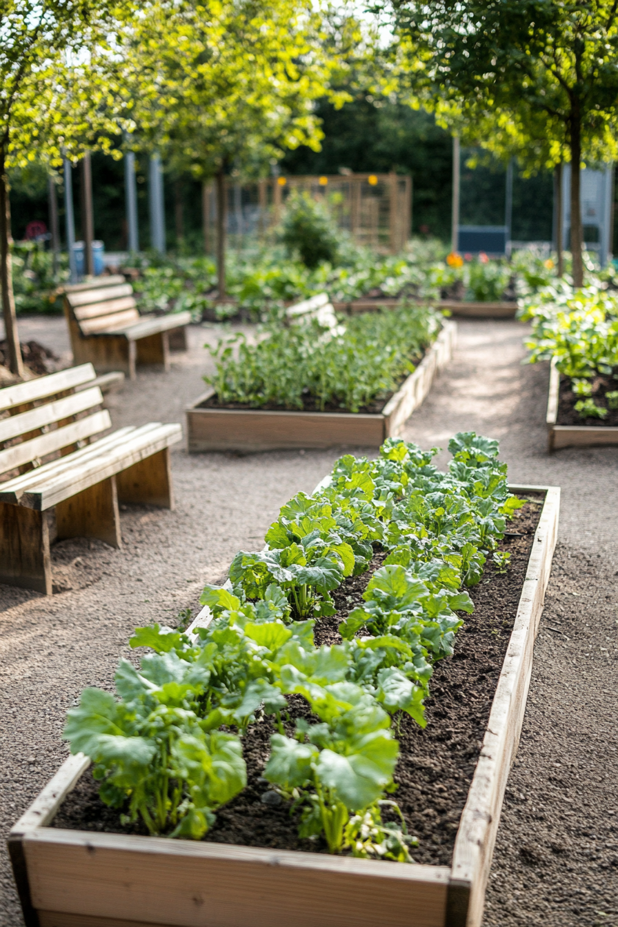 Community living space. An establish vegetable patch in a rows amidst wooden benches.