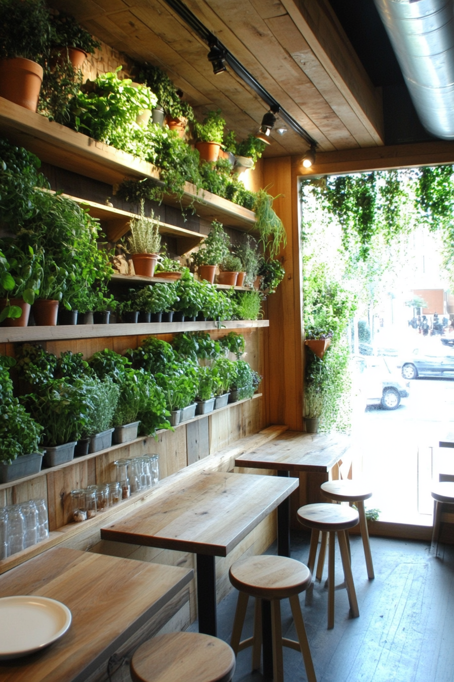 Community cooking space. Herb walls with varied potted horizontal planting.