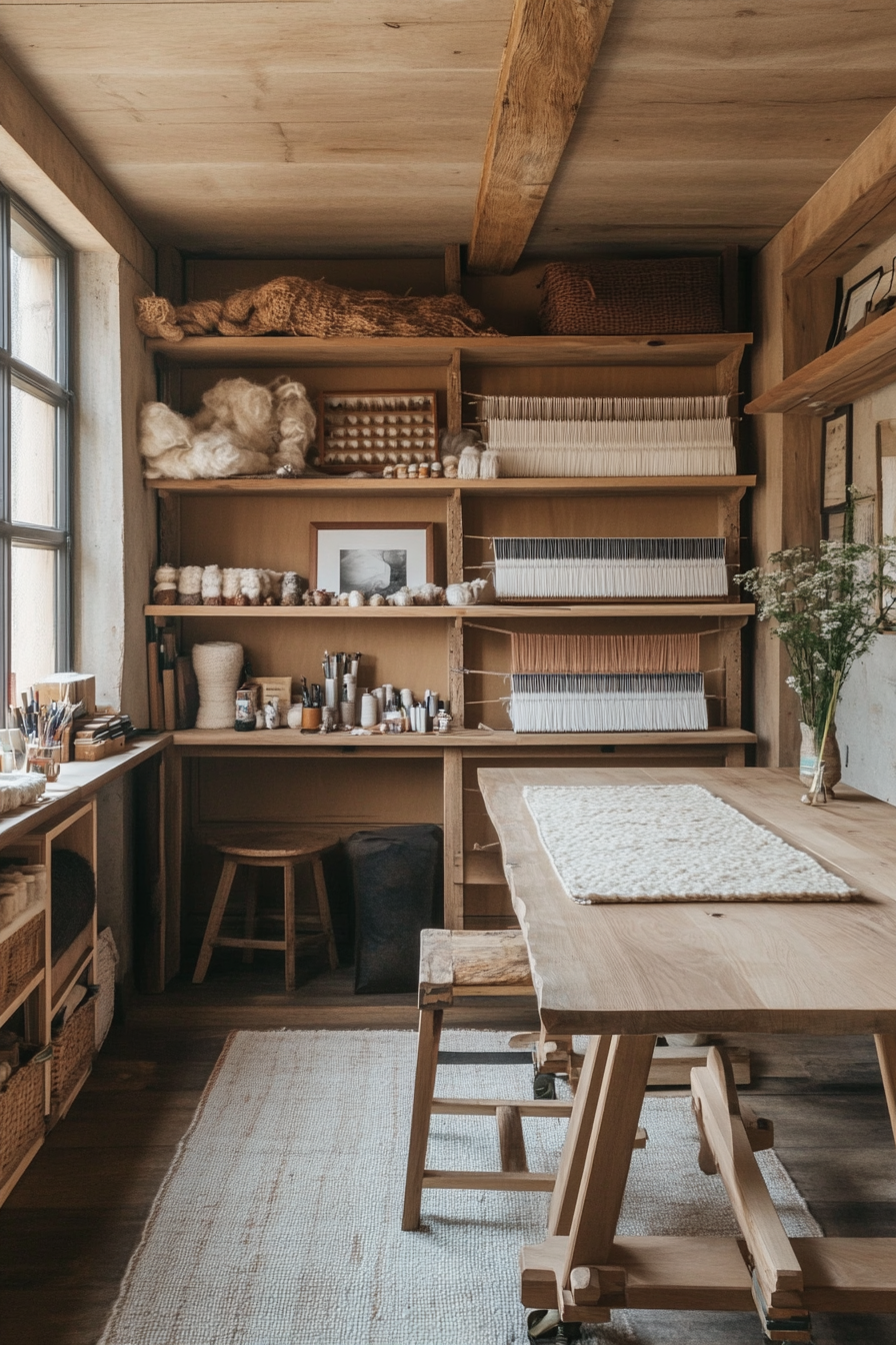 Craft space. Wall-mounted loom storage, oak workshop table and wool material library.