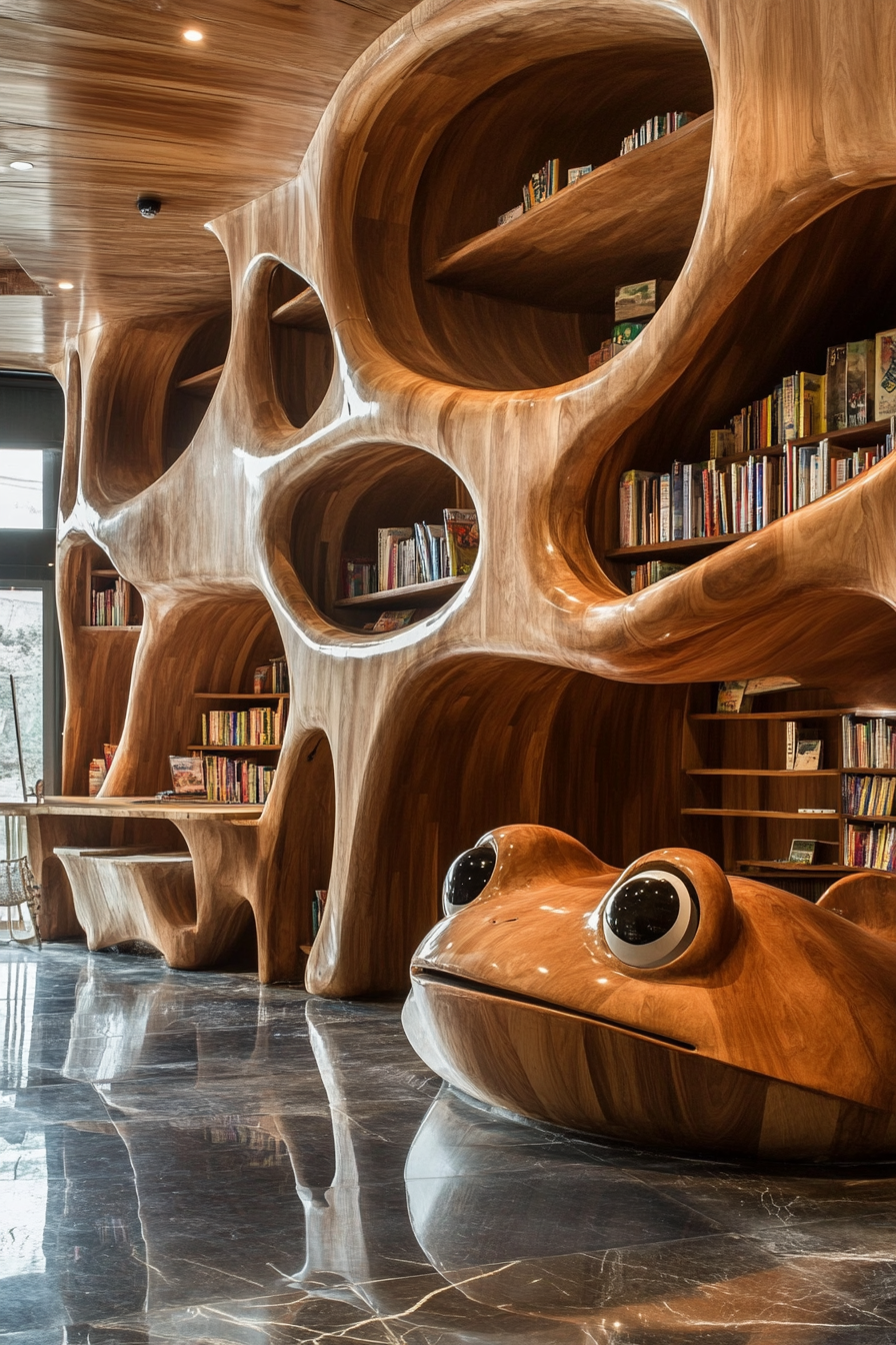 Community living space. Educational center with frog-shaped wooden bookshelves.