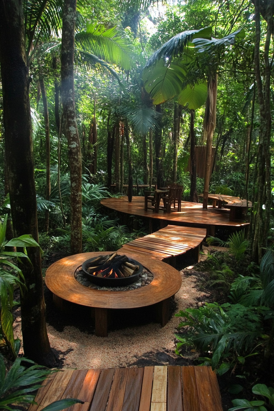 Jungle clearing space. Wooden platforms in trees, circular fire pit, interesting wildlife paths.