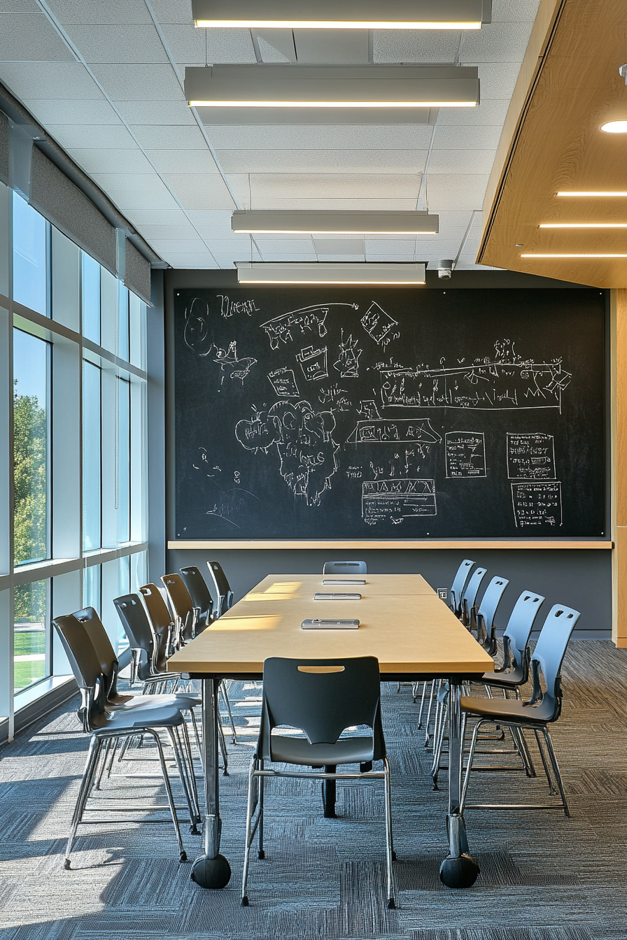 Community Learning Space. Well-lit boardroom-style teaching area with chalkboard wall.