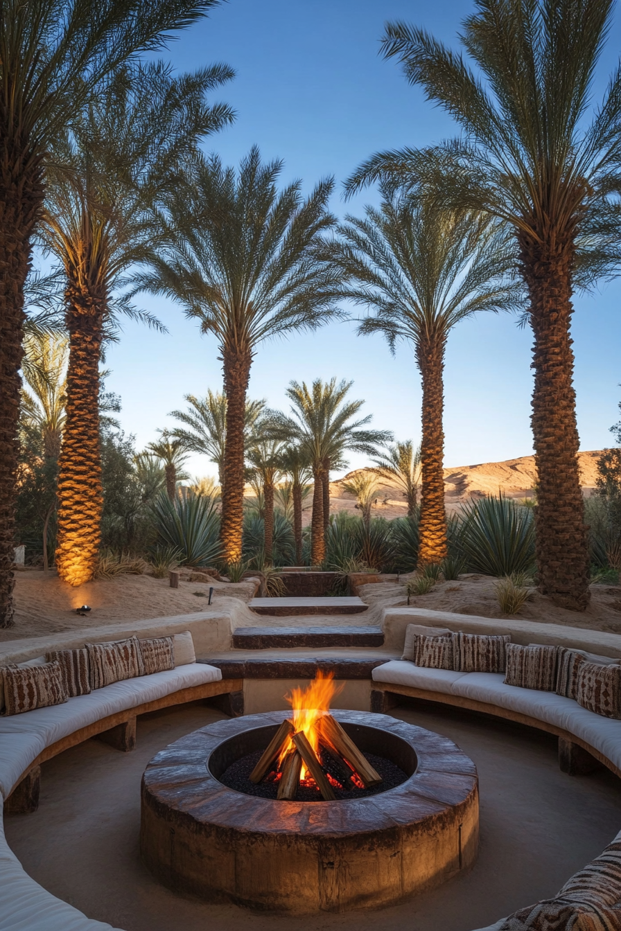 Palm grove space. Traditional fire pit, near desert spring with dune views