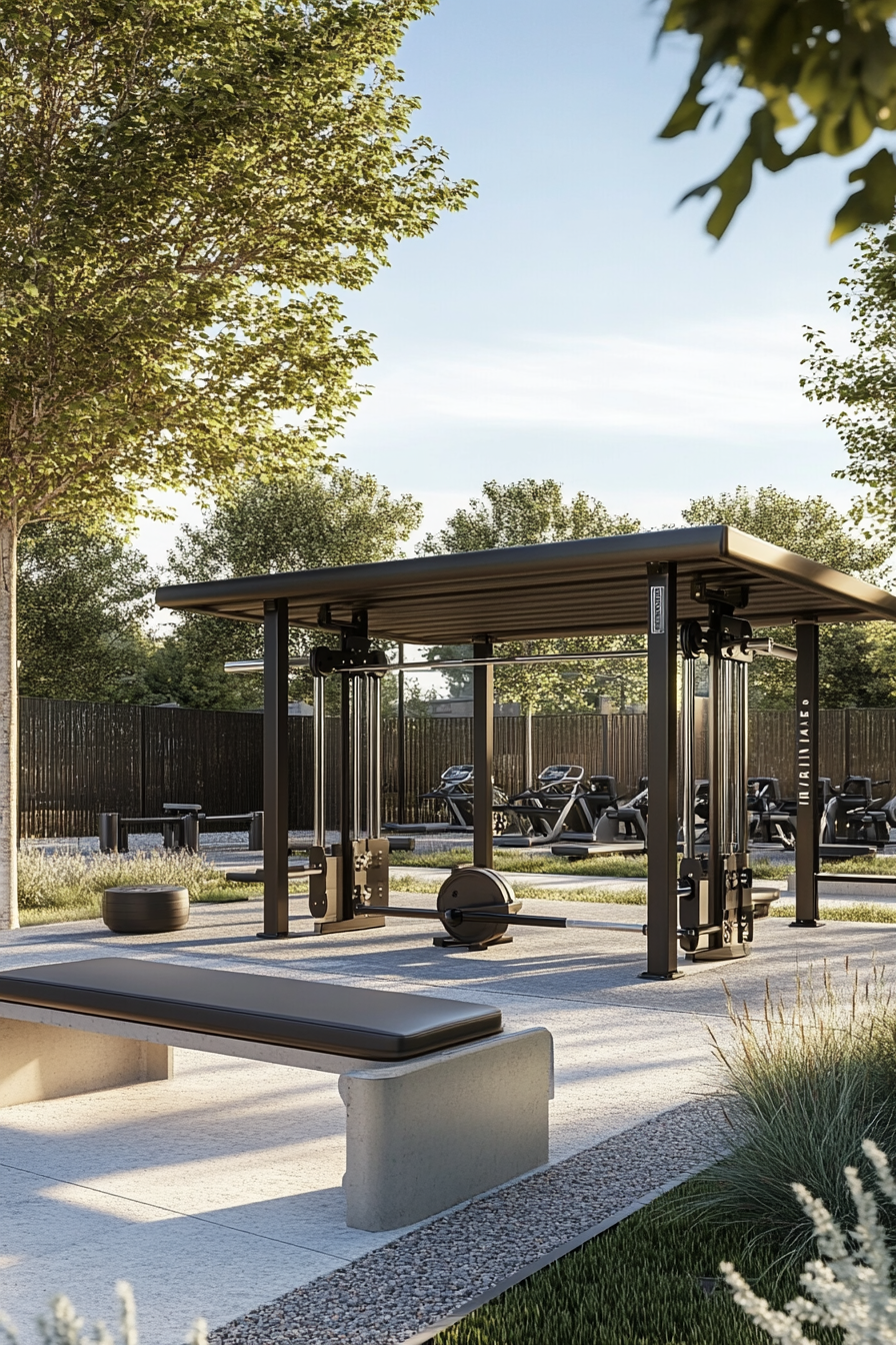 Fitness community space. Outdoor gym with weather-resistant weight benches and kettlebells.