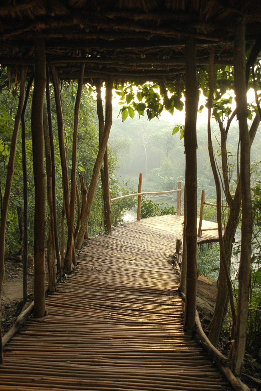 Jungle clearing space. Bamboo observation deck overlooking elephant trail.