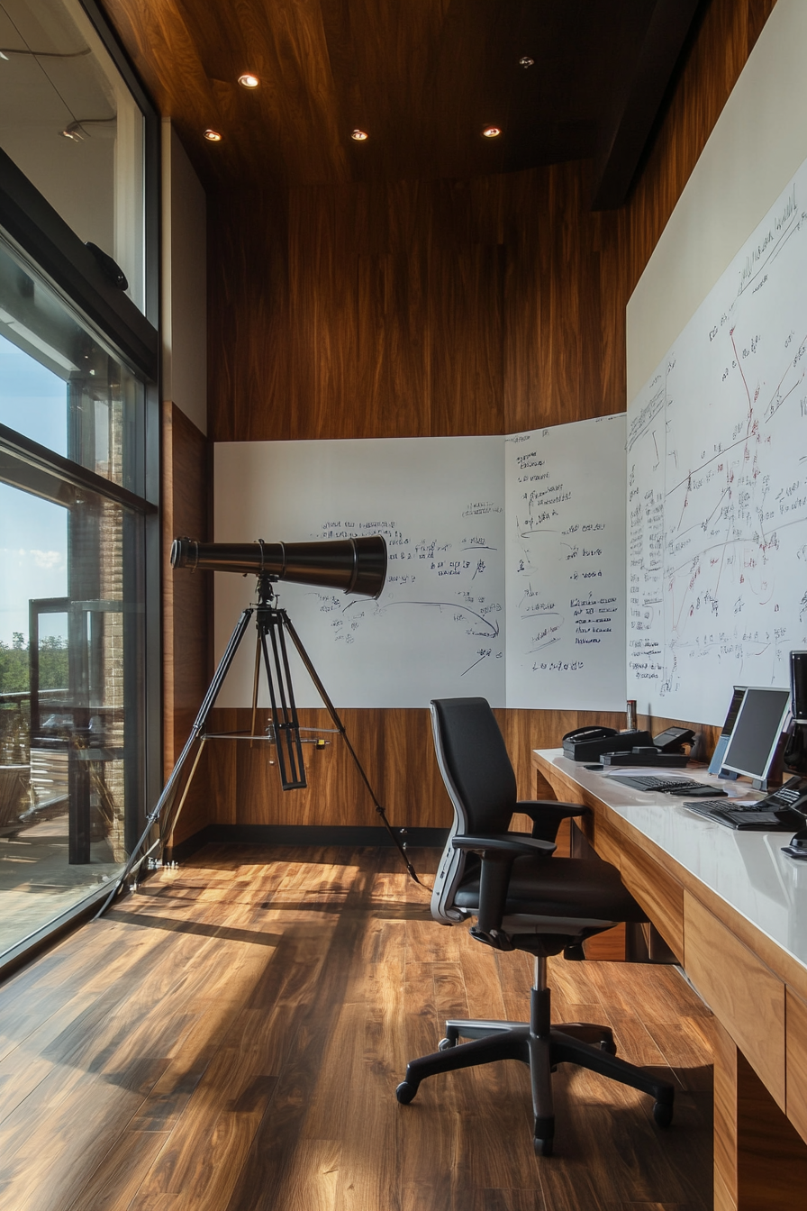 Coastal Analysis Space. Whiteboard walls for weather reports, telescope on deck.