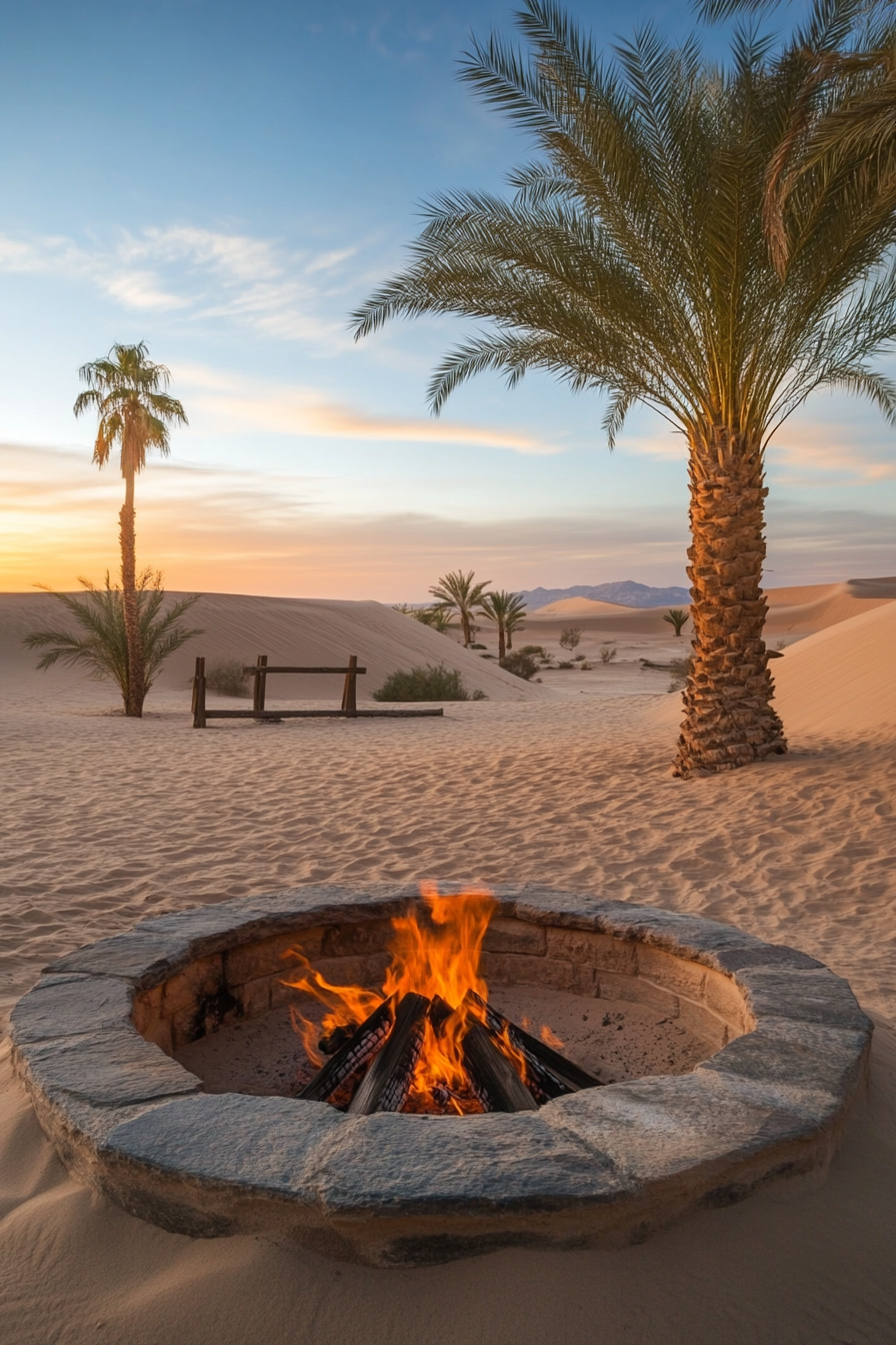 Palm Grove Space. Traditional fire pit, near desert spring, surrounded by dunes.