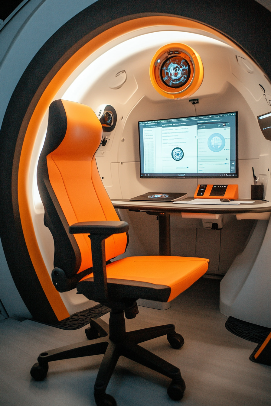 Research mobile space. Documentation station with overlay screens and orange ergonomic chair.